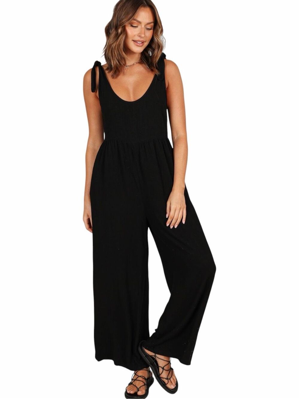 PETAL & PUP Ayla Linen Wide Leg Jumpsuit Black Tie Shoulder Large
